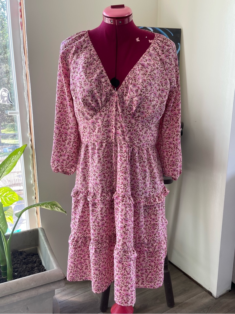 Monteau Pink Floral Tiered Long-Sleeve Summer Dress